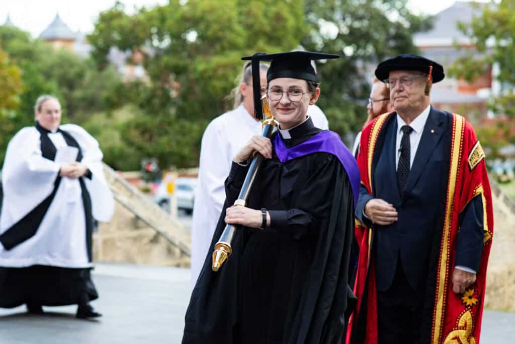 The mace was carried by Cara Greenham Hancock at the 2024 Perth Graduation.